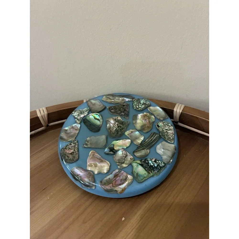 Vintage New Designs Inc. Abalone Shell Trivet Blue Lucite w Orig foil label